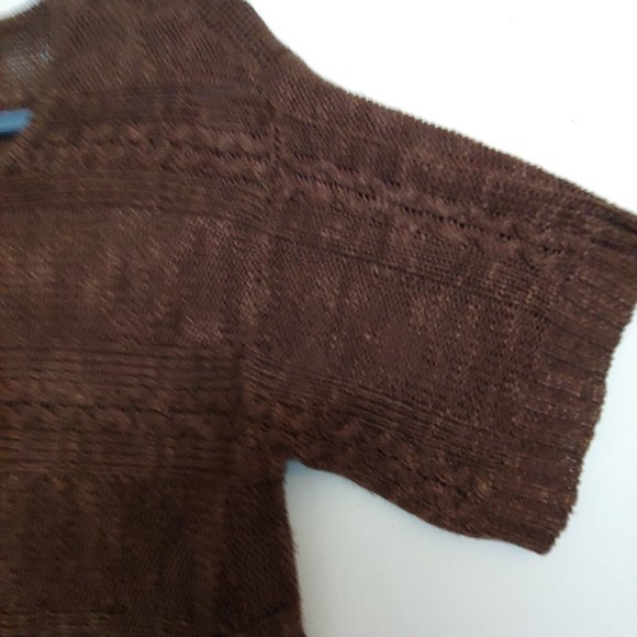 Ariat light weight chocolate brown knit short sleeve sweater with fringe sz s/m - Picture 4 of 12